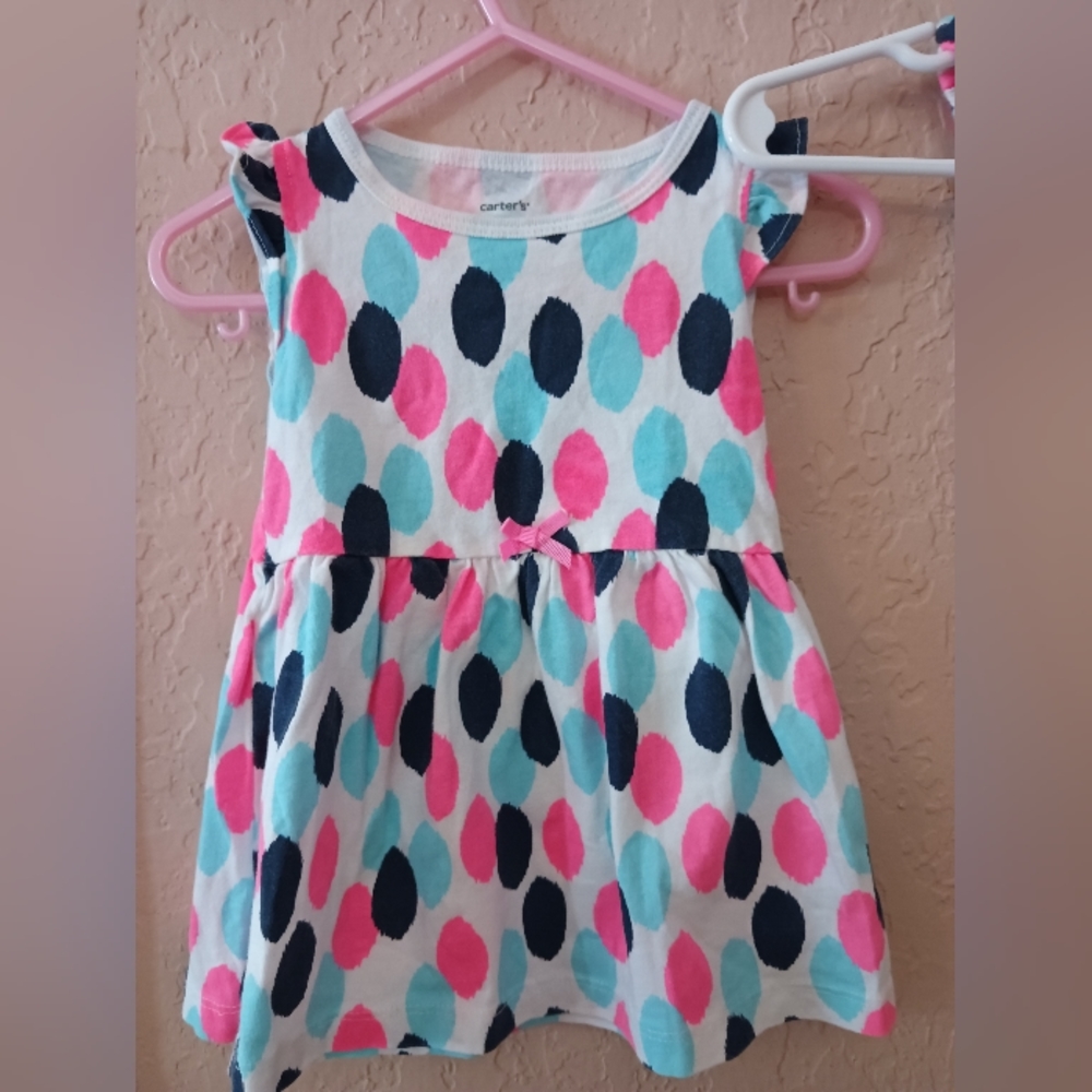 Carter's Dress white dark blue,light blue and pink dot dress with flutter sleeve
